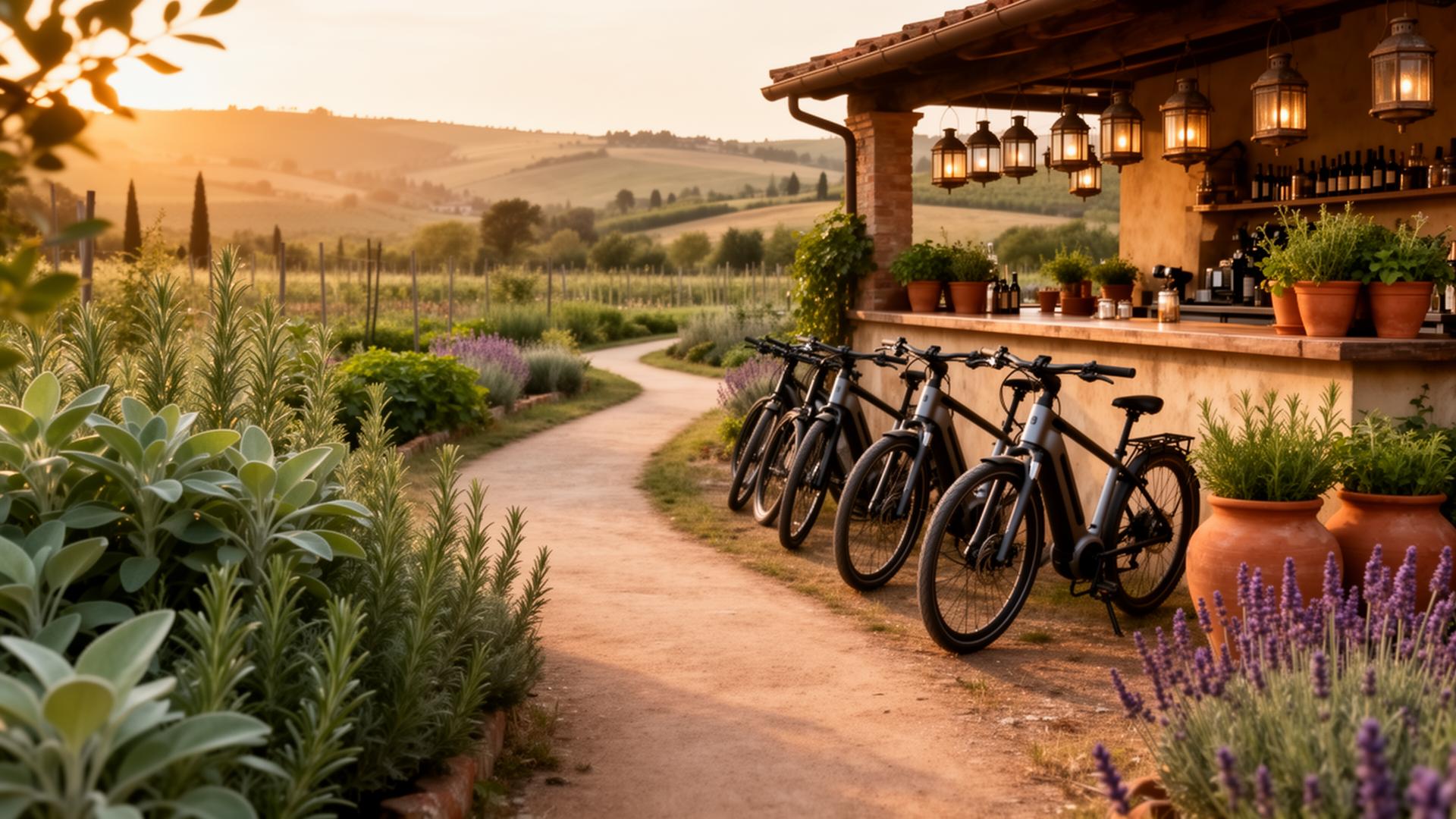 E-bike parcheggiate davanti a un Botanic Bar nelle campagne italiane al tramonto